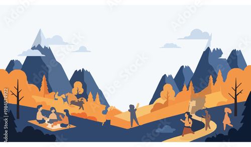 Autumn mountain nature background with children playing vector illustration modern kids outdoor scene