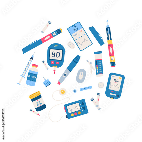 Diabetes Medical Equipment Set. Flat Diabetes Healthcare Collection. World Diabetes Day Vector Illustration.