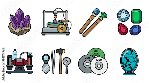 Cartoon gemstone mining tools and equipment for cutting gems and minerals