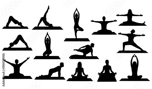 Yoga silhouettes vector set people poses on mat fitness black illustration