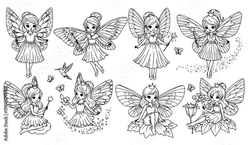Cute fairy characters coloring book pages dreamy fantasy line art illustration