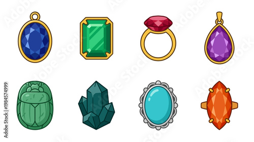 Colorful cartoon gemstones and jewelry in various shapes and settings