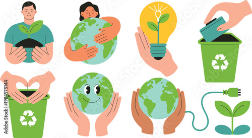 Illustrated set showing environmental concepts including planting, recycling, Earth care, and green energy solutions