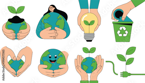 Illustrated set of icons demonstrating global environmental protection, green energy, recycling, and planetary care
