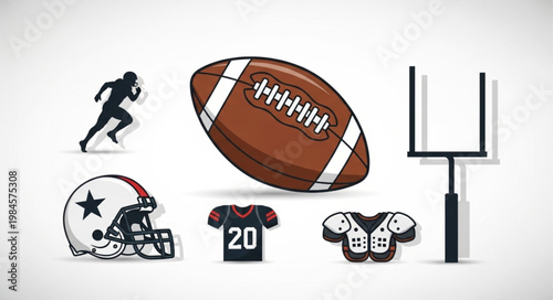 American Football Sports Equipment and Player Silhouette.