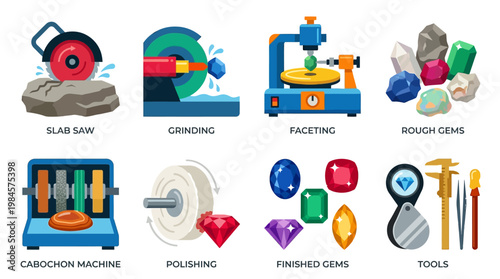 Gemstone cutting and polishing process with machines and tools for making finished gems