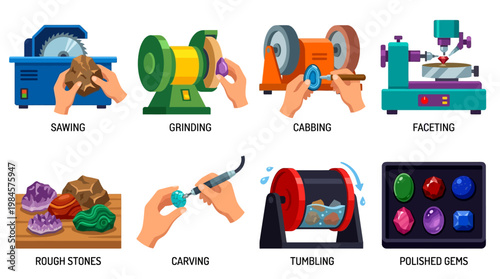 Gemstone processing stages from sawing and grinding to faceting and polishing