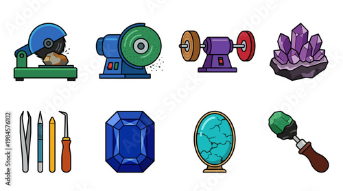Cartoon gemstone cutting and polishing tools with crystals and jewels