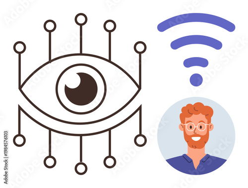 Data privacy, surveillance, technology, internet security, remote connectivity, online identity. An abstract eye with digital nodes, wireless signal and male avatar. Data privacy and surveillance