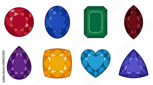 Various colorful gemstones in different shapes and cuts on white background