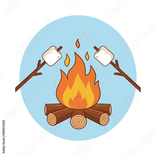 Campfire with roasting marshmallows on sticks