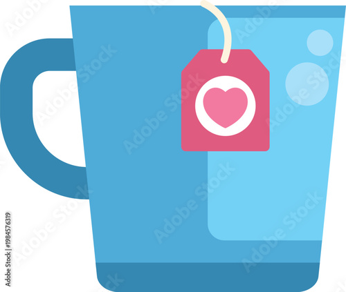 Blue mug with a teabag featuring a heart symbol in flat design style