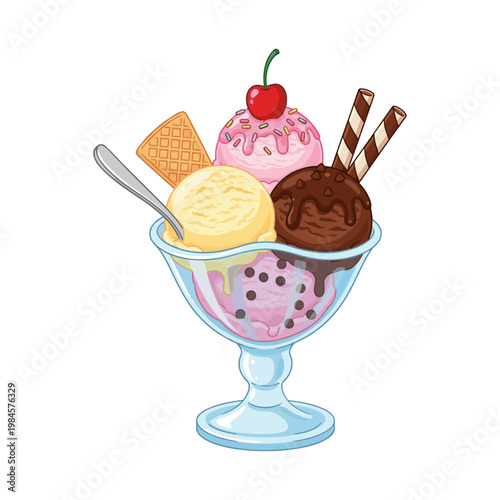 Colorful ice cream sundae with cherry, wafers, and chocolate sticks
