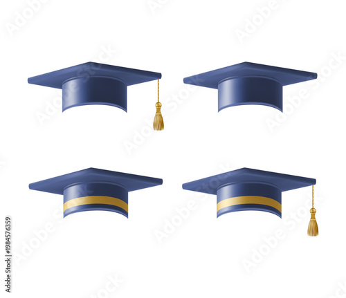 Realistic Blue graduate caps set. 3D Graduation Doctoral hat.