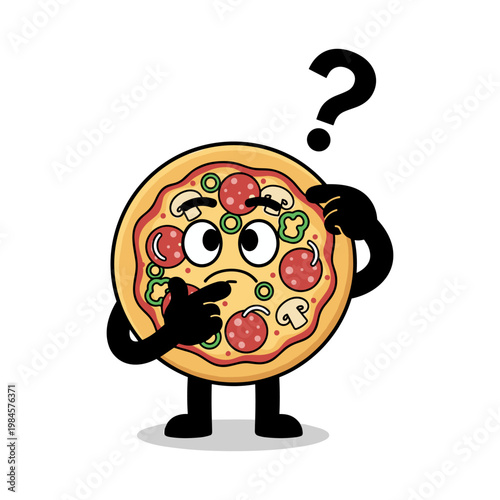 Confused pizza with arms and legs looking thoughtfully