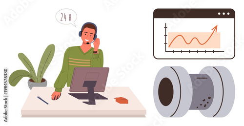 Business services, customer support, industrial manufacturing, data analytics, growth strategies, productivity. Man at desk on call with 24-hour headset. Business services and customer support