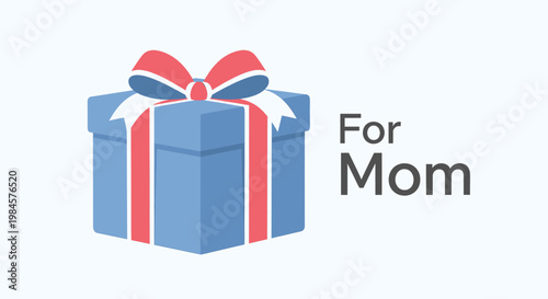 Beautiful blue gift box with red ribbon and the words 'For Mom' next to it, perfect for Mother's Day or any occasion