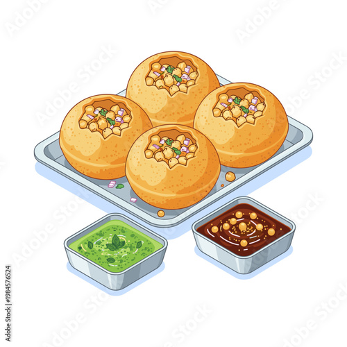 Four golden-brown buns with garnish, served with green and brown sauces