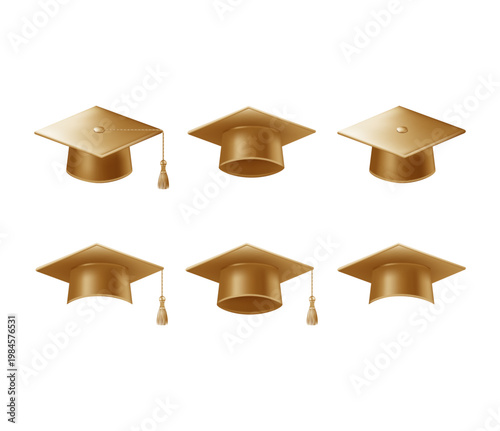 Realistic gold graduate caps set. 3D Graduation Doctoral hat