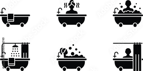 Minimalist black icon of a bathtub with a showering head and a neatly folded towel