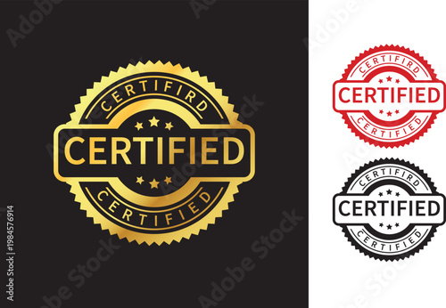 Round certified badge, Luxurious and elegant gold label. Round grunge texture vector design of certified stamp isolated on white background. Icon, logo, seal, symbol, stamp, sticker. Vector 
