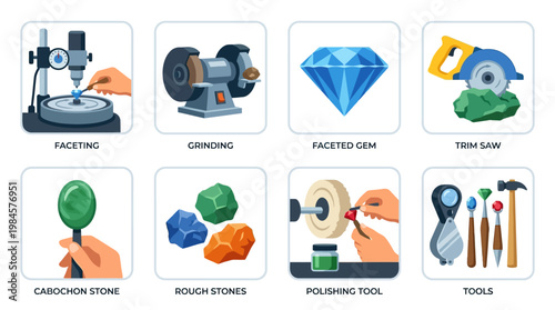 Gemstone cutting process steps illustrated with faceting, grinding, and polishing tools and techniques for transforming rough stones into faceted gems