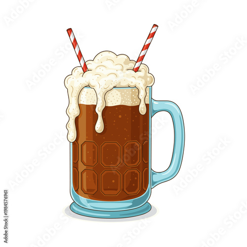 Blue mug of brown root beer with foam and straws brown drink