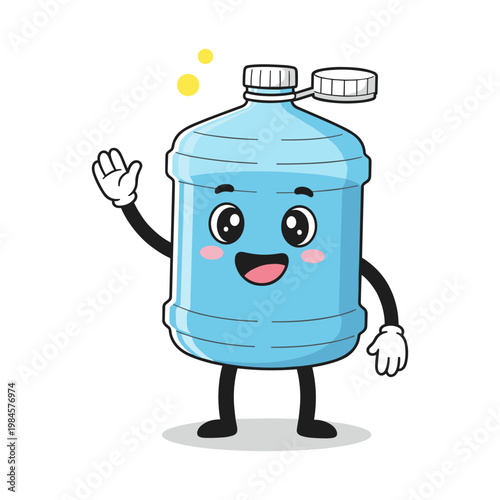 Blue water bottle character waving with a smile drinking water