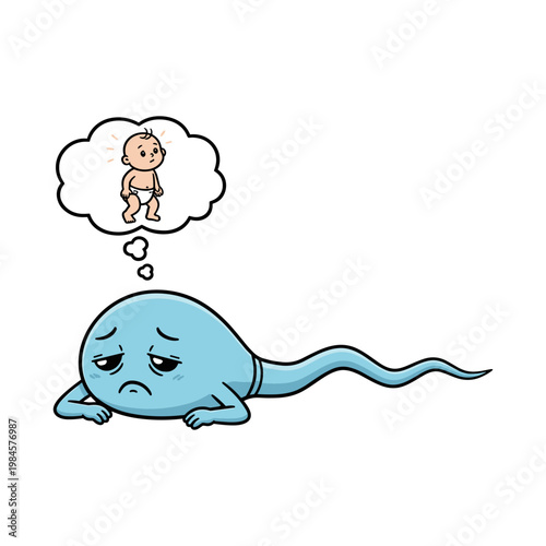 Blue sperm cell dreaming of a baby in thought bubble