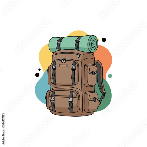 Brown camping backpack with green sleeping bag on