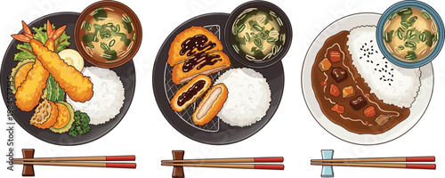 Japanese Set Meal Collection with Tempura Tonkatsu Curry Rice and Soup Traditional Asian Cuisine Top View Plate Vector Illustration Set