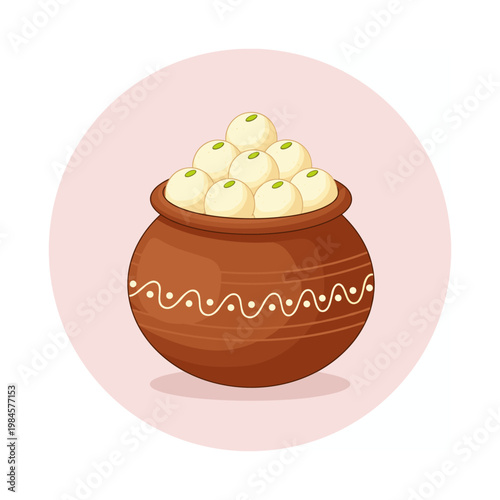 Brown clay pot filled with yellow sweet balls garnished with pistachios