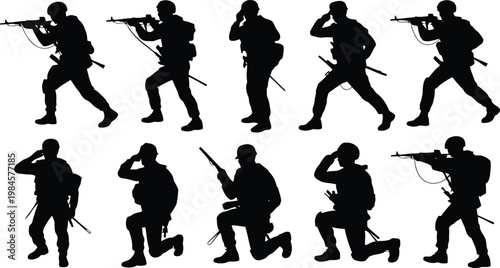 Multiple black silhouettes of soldiers demonstrating various military actions including aiming and saluting