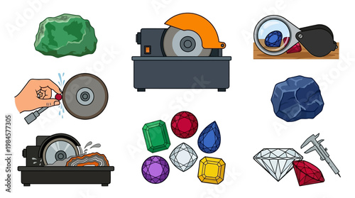 Gemstone cutting and polishing process with various jewels and tools