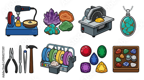 Jewelry making tools and gemstones for crafting and polishing precious stones