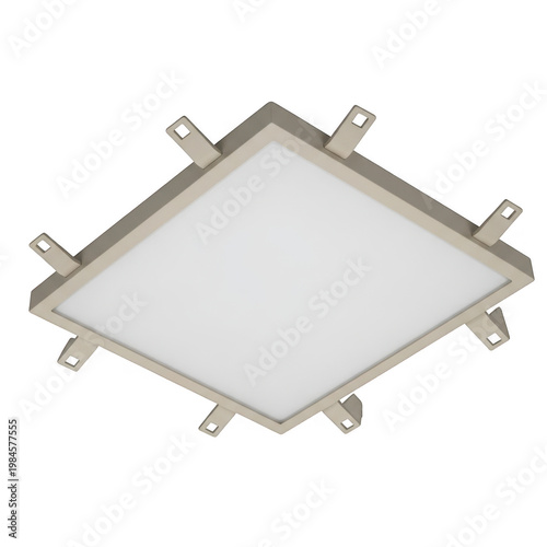 Square metal panel with corner mounting brackets for lighting or ceiling installation isolated on transparent background