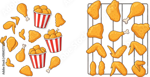 Fried Chicken Collection with Wings Drumsticks Nuggets and Crispy Pieces in Buckets and Tray Fast Food Vector Illustration Set