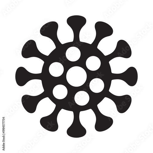 A simplistic black and white illustration of a coronavirus or virus particle