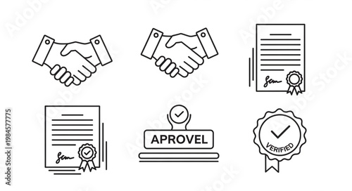 Set of icons representing agreement approval and success.