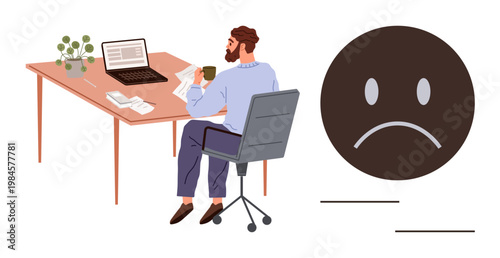 Workplace stress, mental health, remote work, productivity challenges, emotional well-being, burnout. A man at a desk holding documents with a laptop and sad face symbol nearby. Workplace stress