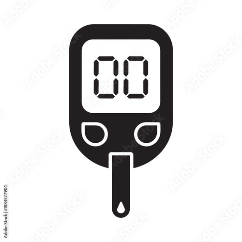 A black and white illustration of a digital glucose meter displaying zero
