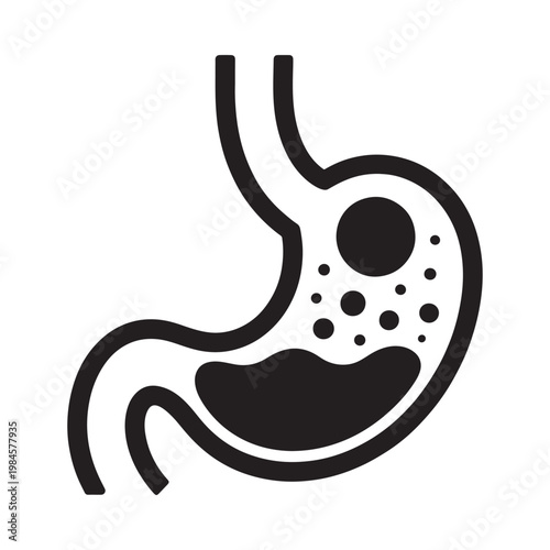 A simple black and white illustration of a human stomach with contents