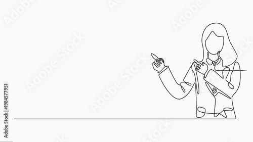 Self drawing line animation Young business woman showing something or presenting, success continuous one single line drawn concept video, young business woman pointing at something