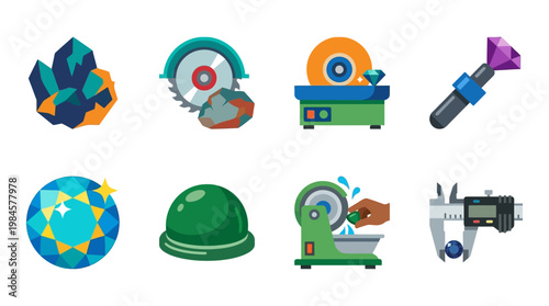 Colorful illustrations of gemstone mining and cutting process equipment