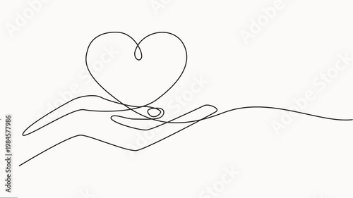 Animated self drawing of continuous line draw of hands holding heart. Concept of love relations, Charity donation linear concept animation, Full length one line animation.