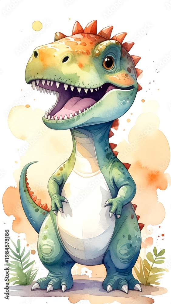 Naklejka premium Minimalist watercolor illustration of Cute cartoon tyrannosaurs rex character