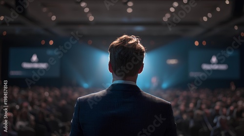 Inspiring Address: A poised speaker captivates a large audience in a spacious auditorium, his gaze focused, and projecting an aura of confidence.