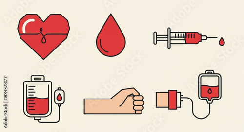 Medical icons representing blood donation and healthcare services.