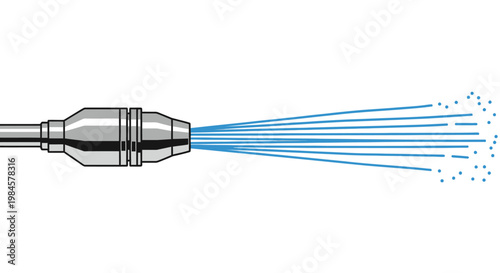 Metal Water Hose Nozzle Spraying Blue Water Stream on Isolated White Background