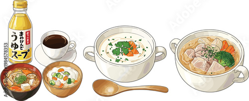 Japanese Soup Collection with Cream Soup Miso Soup and Seasoning Sauce Traditional Asian Cuisine Food Vector Illustration Set